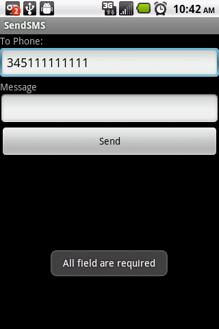 An android app showing an error message. One button and two text fields.